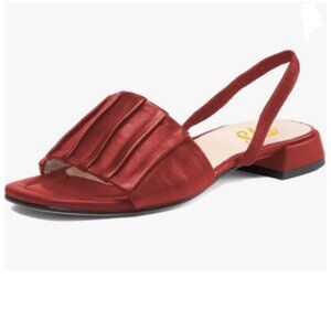 FYS Red Open Toe Slingback Sandals Pleated One Band Low Block Heels Comfy Shoes